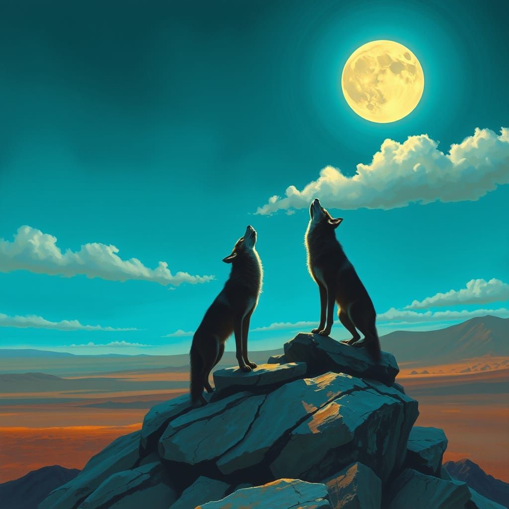 Coyotes in the Desert Night Sky