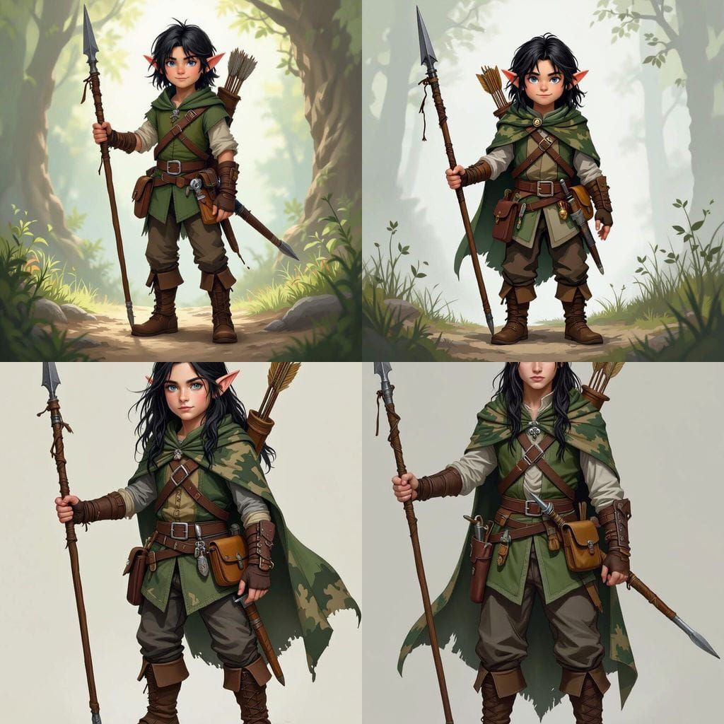 Young Halfling Thief Ranger with Spear and Bow