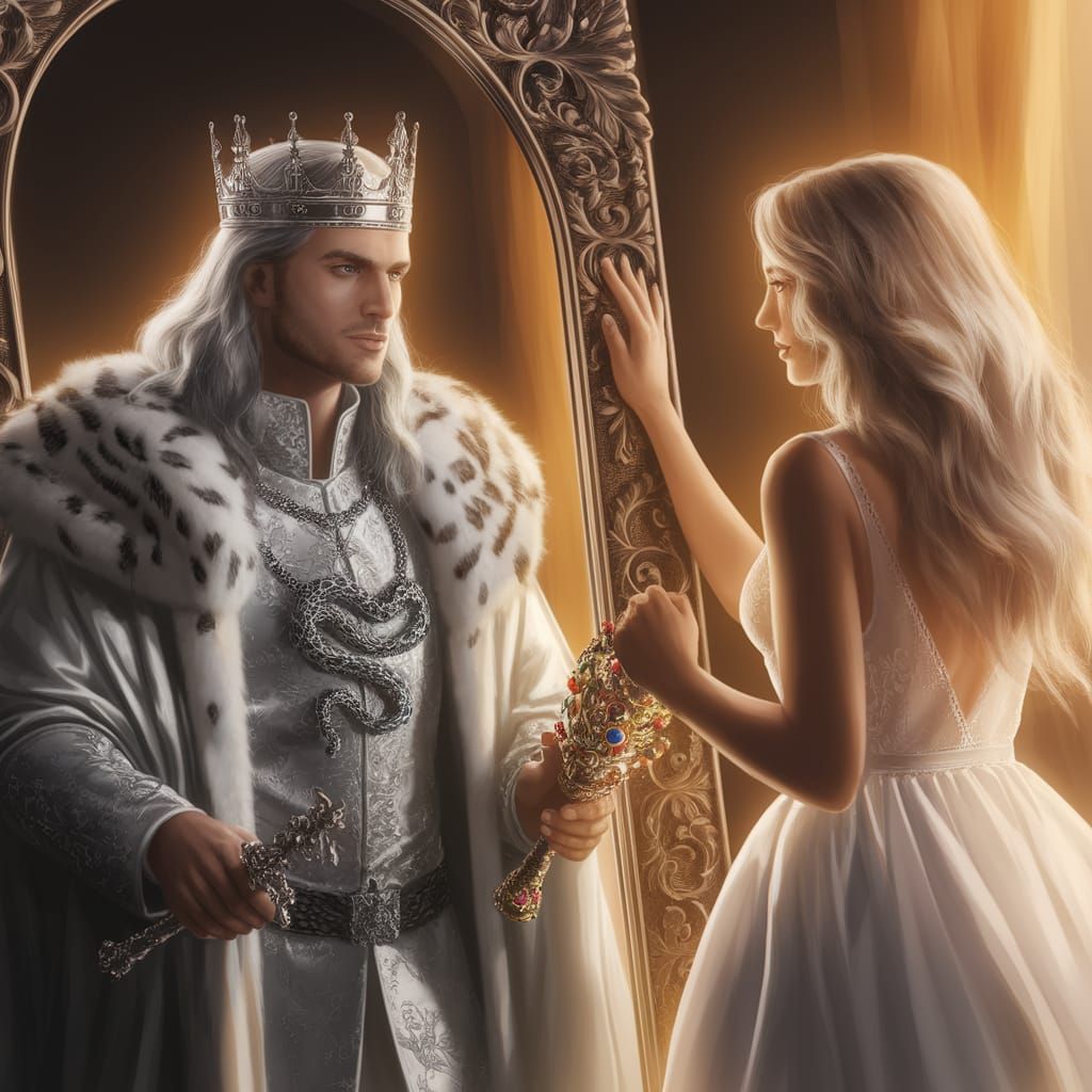 Silver King in Ornate Mirror Gaze, Elegant Regal Scene