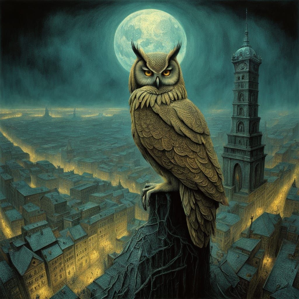 Ethereal Owl on Crystal Branch Over Bioluminescent City