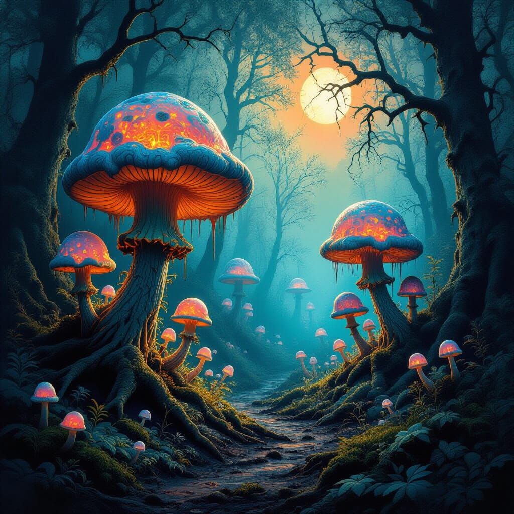 Bioluminescent Fungi in Ethereal Gothic Forest