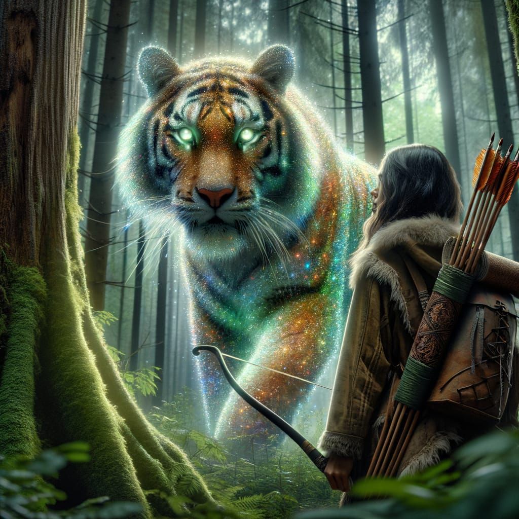 Mystical Hunter in Forest Confronts Ethereal Tiger