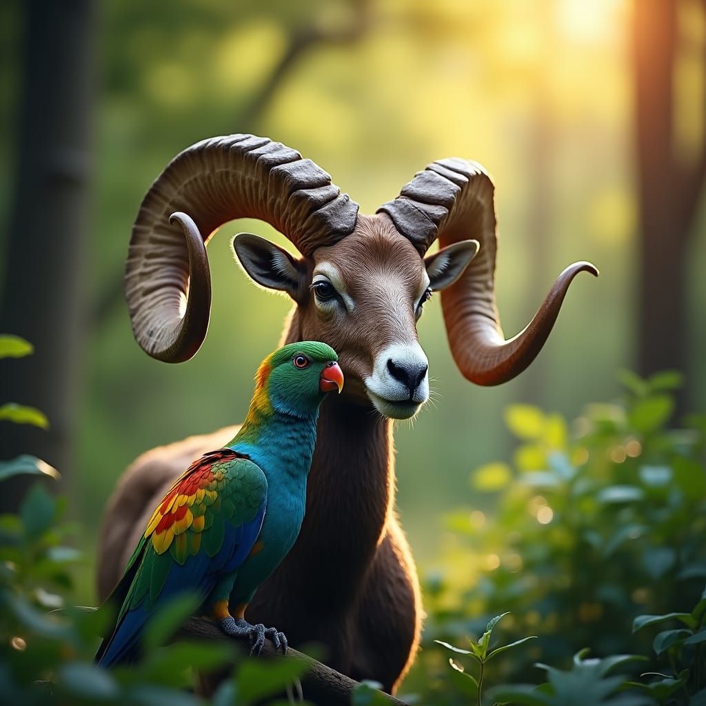 Majestic Bighorn-Parrot Hybrid in Vibrant Forest Habitat