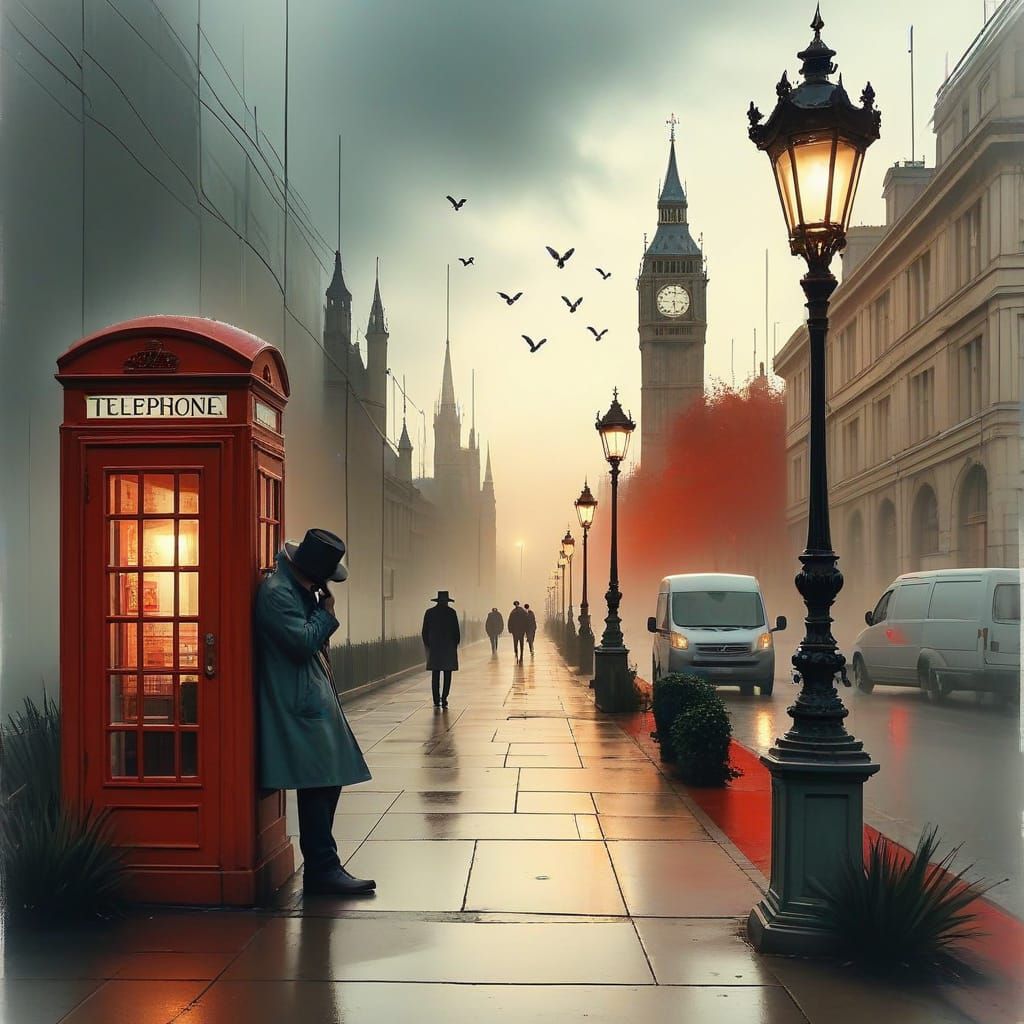 Lonely Figure Waits in a Rainy London Night