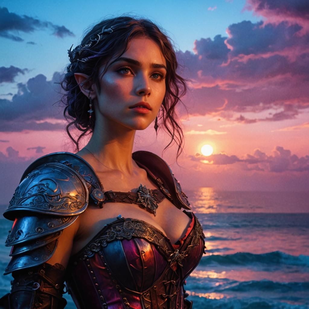 Elegant Elven Amazoness Gazing upon a Vibrant Sunset Seascap...