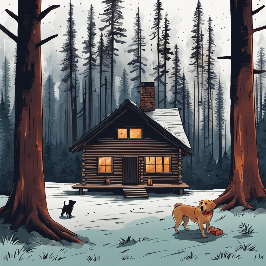 Cosy Cabin Scene with Warm Fire and Loyal Companion