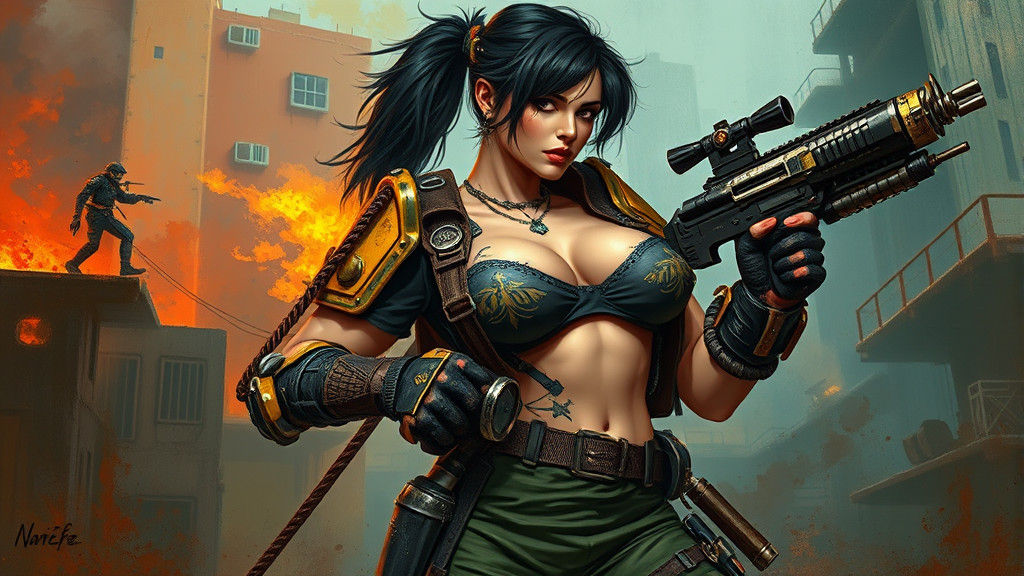 Cyberpunk Punk Rock Fantasy Warrior with Heavy Firearm