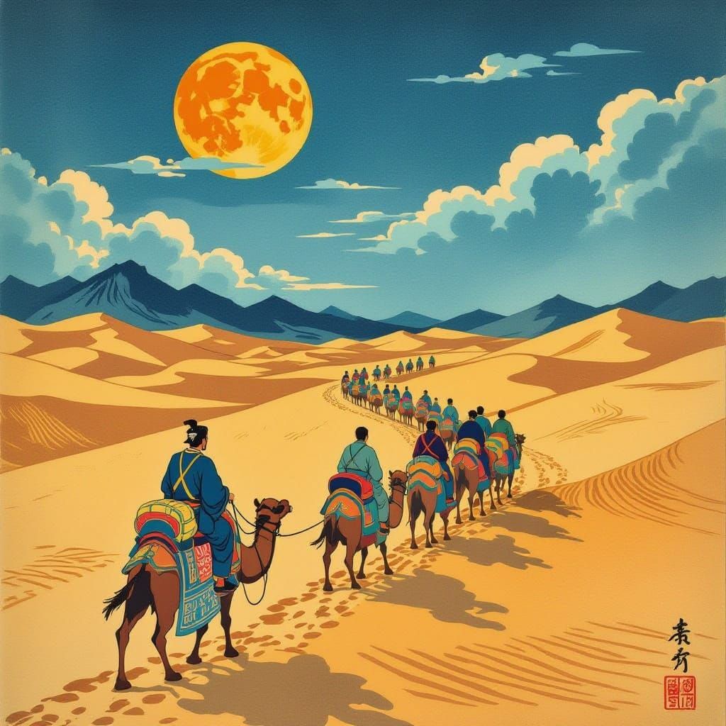 In ukiyo-e style woodblock Marco Polo who is Venetian mercha...