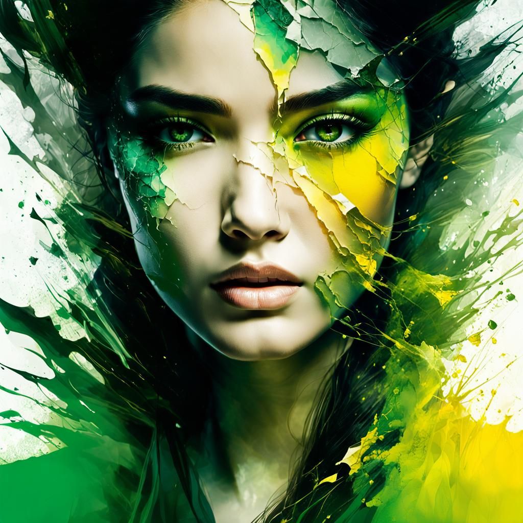 Elegant Shattered Woman Dissolves into Vaporous Green Hues
