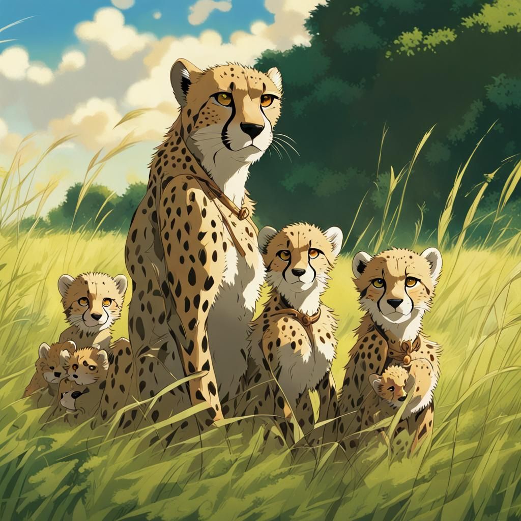 Vibrant Cheetah Mother with Three Cubs in a Serene Grassland...