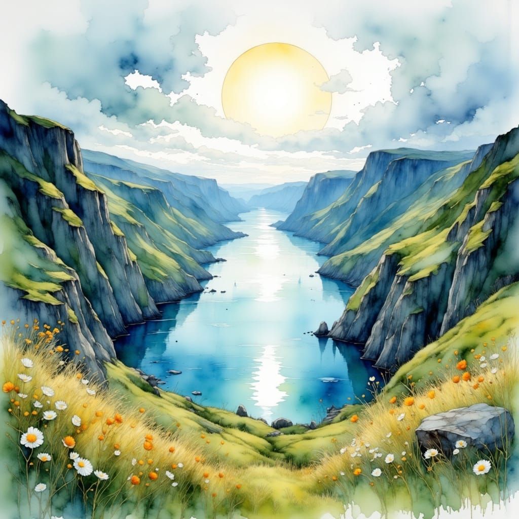 <lora:Flux - Painterly:1.0> A scenic overlook of a fjord fro...