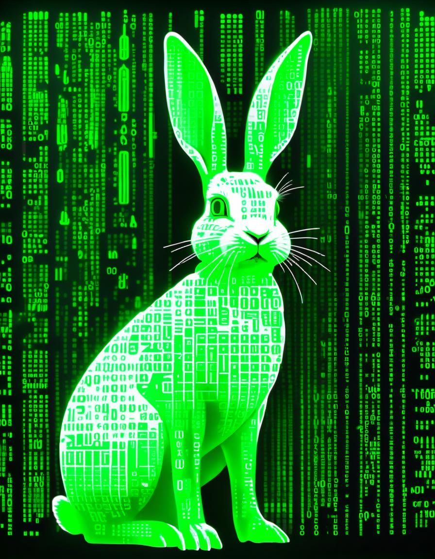Cyberpunk Vision of a White Rabbit in a Sea of Code