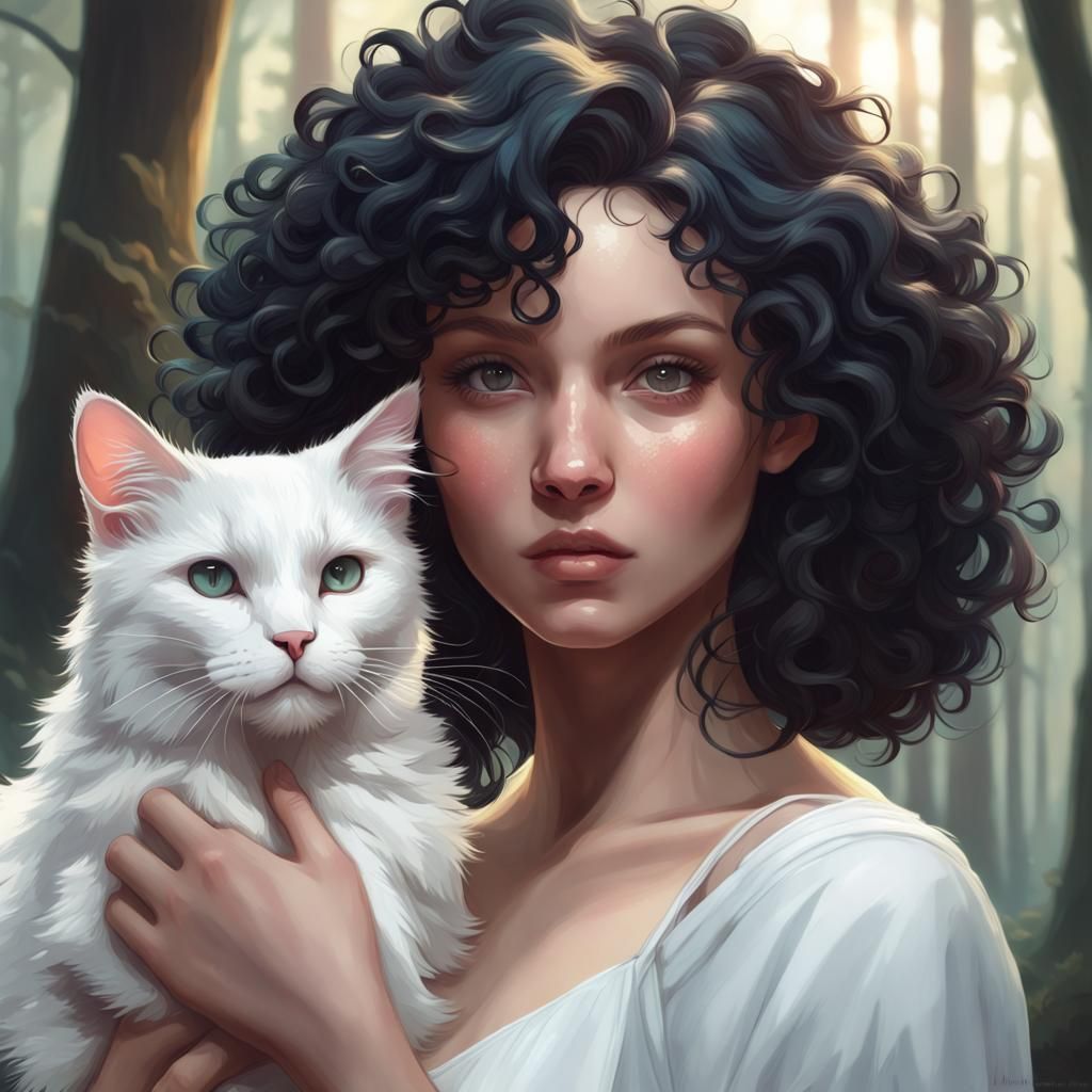 Girl Holds a Majestic White Cat in a Whimsical Forest Portra...