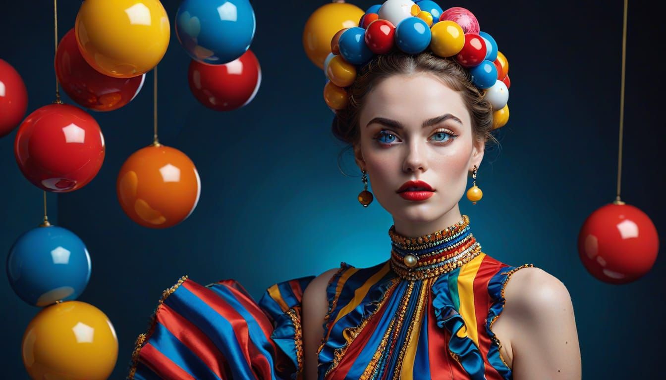 Woman in Circus Dress with Floating Spheres