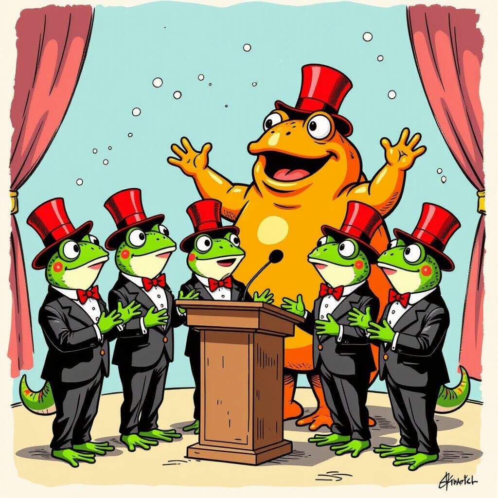 Frogs Sing for Orange Figure, Satirical Illustration