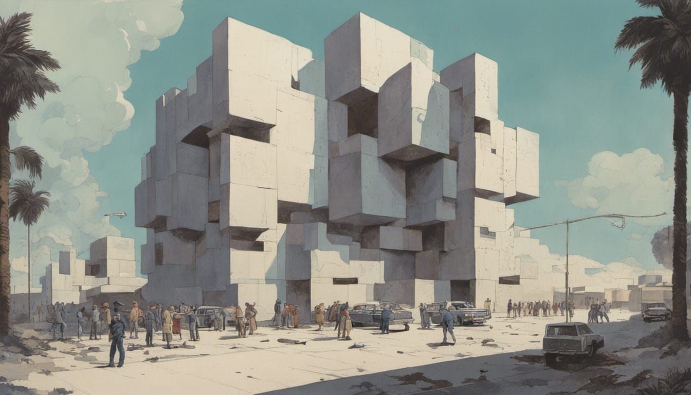 Brutalist Cityscape with Police Frisking Outside