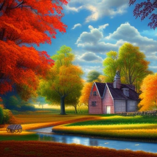 Autumn Farmhouse: Colorful Oil Painting
