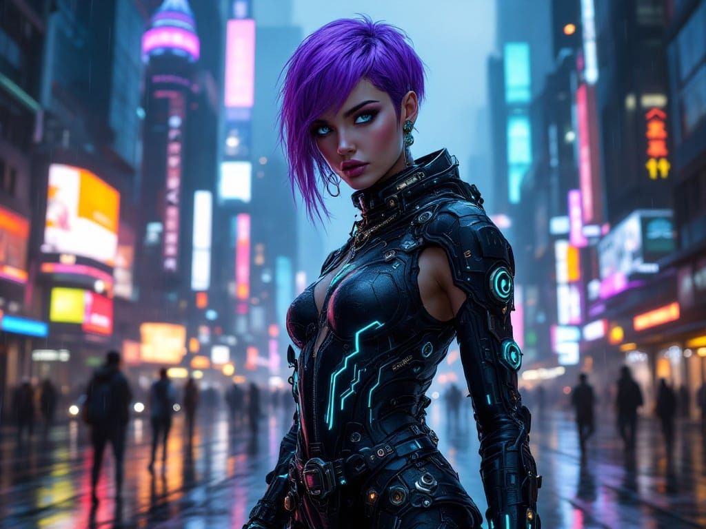 Cyberpunk Goddess in Neon-Lit Metropolis