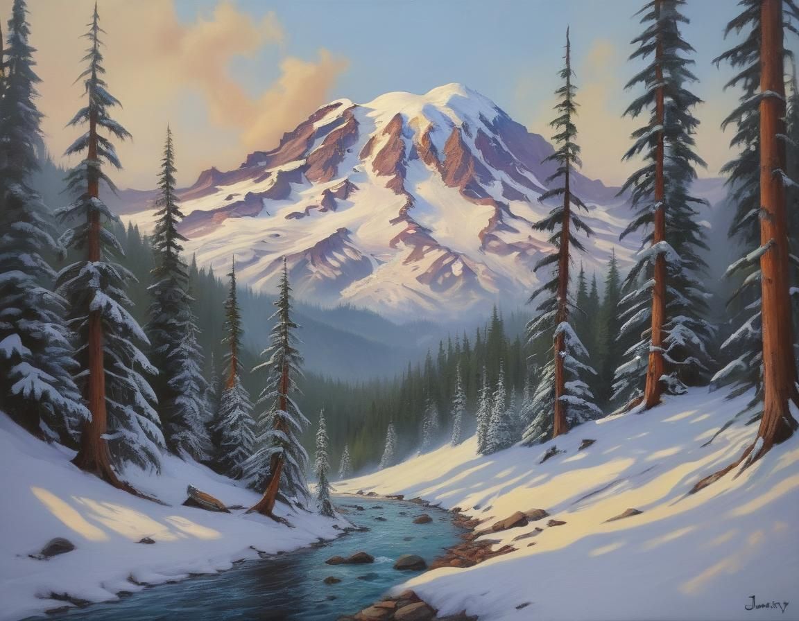 Mount Rainier Landscape in Traditional Oil Painting Style