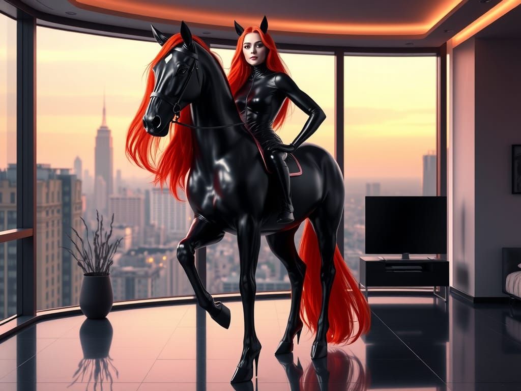 The image features a centauress dressed in a black latex bod...
