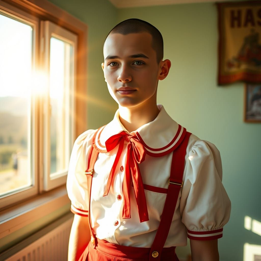 Bald Man in School Uniform with Cinematic Lighting