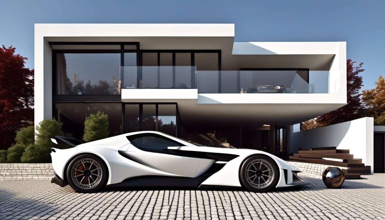 <lora:V-ray:1.0> A modern house exterior based on a sports car concept