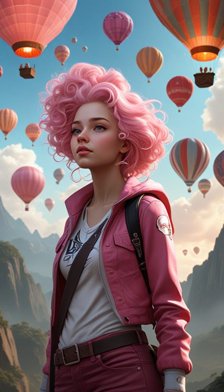 Woman Gazing at Glowing Hot Air Balloons