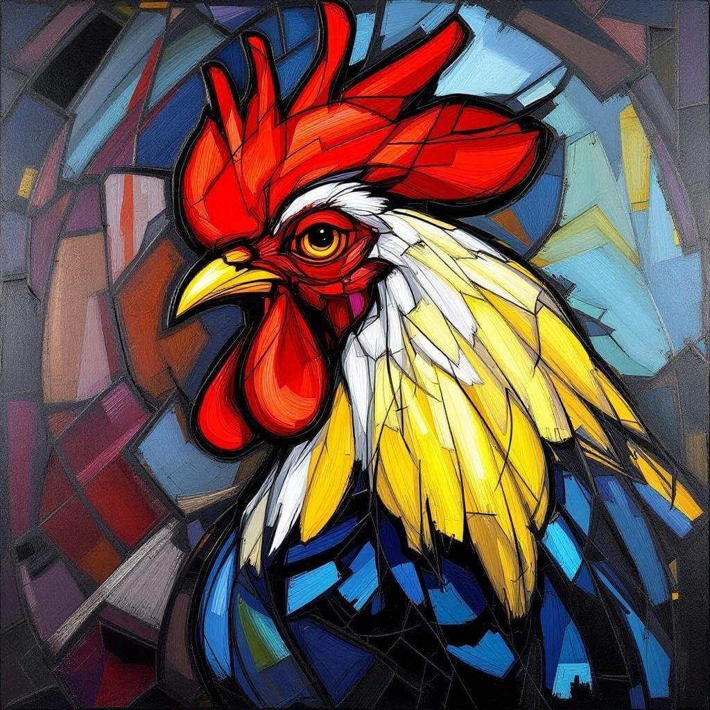 Rooster near Stained Glass in Abstract Expressionist Style