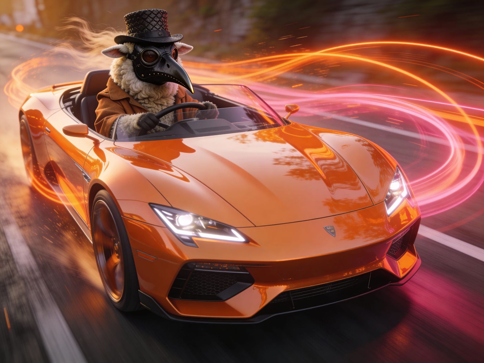 Plague Doctor Sheep Drives Futuristic Convertible