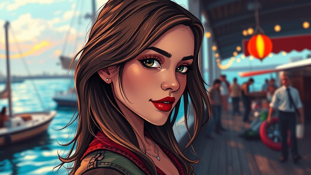 Vibrant Cartoon Girl in Coastal Chic Attire