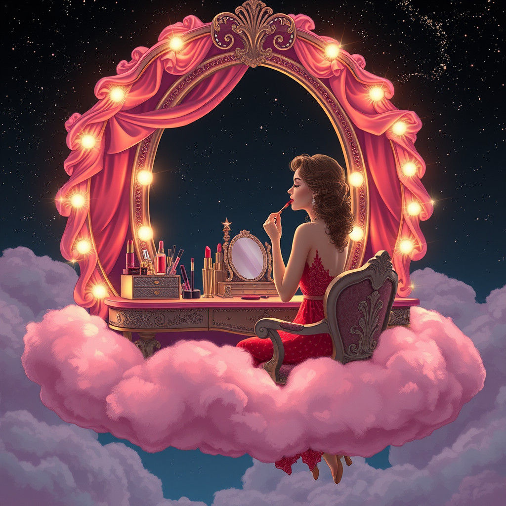 Woman Amidst Whimsical Night Sky, Beauty and Glamour at the....