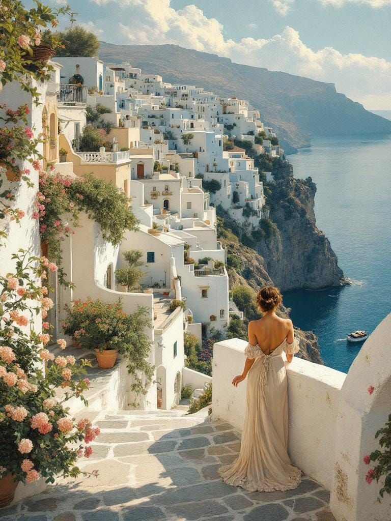 Classical Realist Woman in Sun-Drenched Greek Village