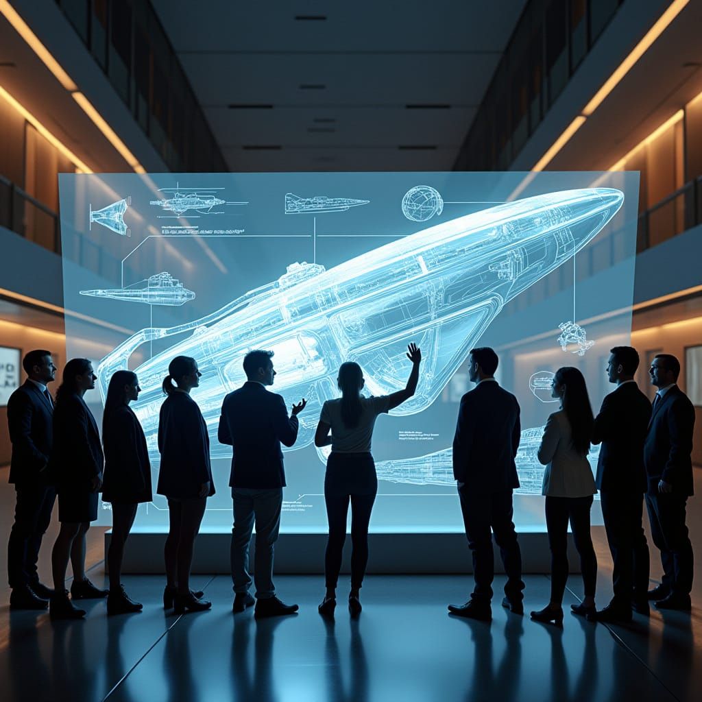 Sleek Futuristic Salesroom with Holographic Spaceship Design
