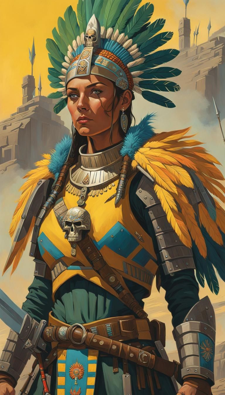 Ethereal Aztec Warrior, Radiant in Yellow and Blue