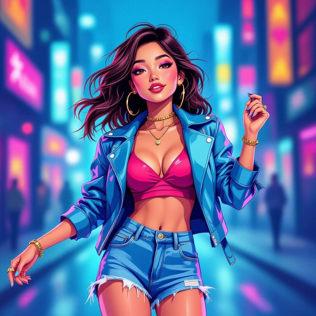 Trendy Woman Dancing in Neon Pop Art Style