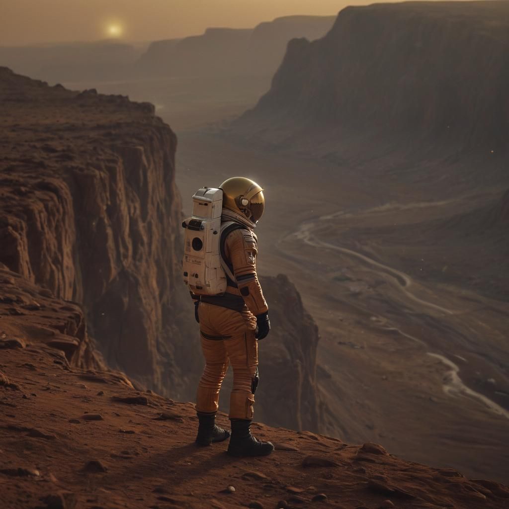 Martian Astronaut Gazing at Earth from Cliff's Edge