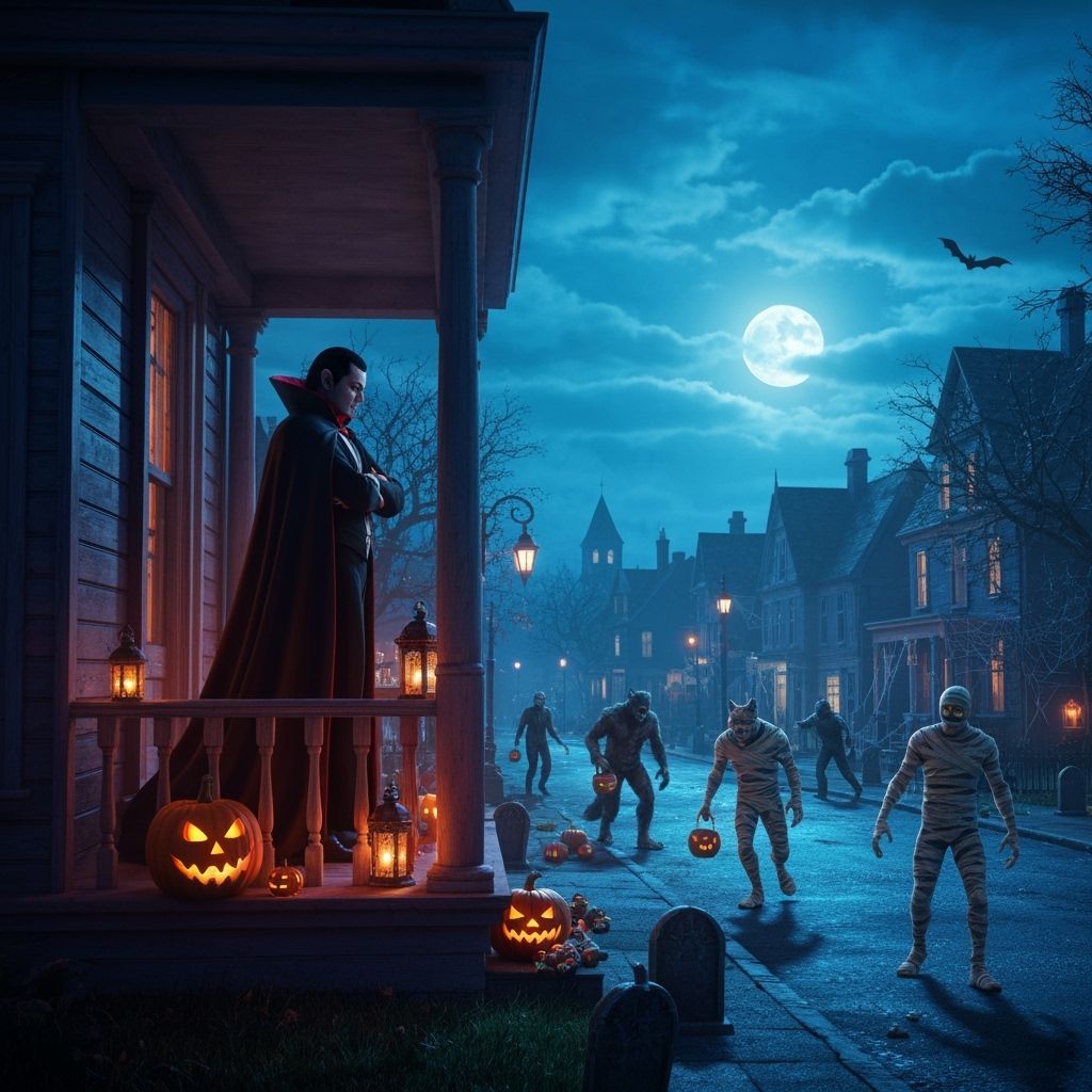 Vampire Observes Halloween Monsters on Moody Night