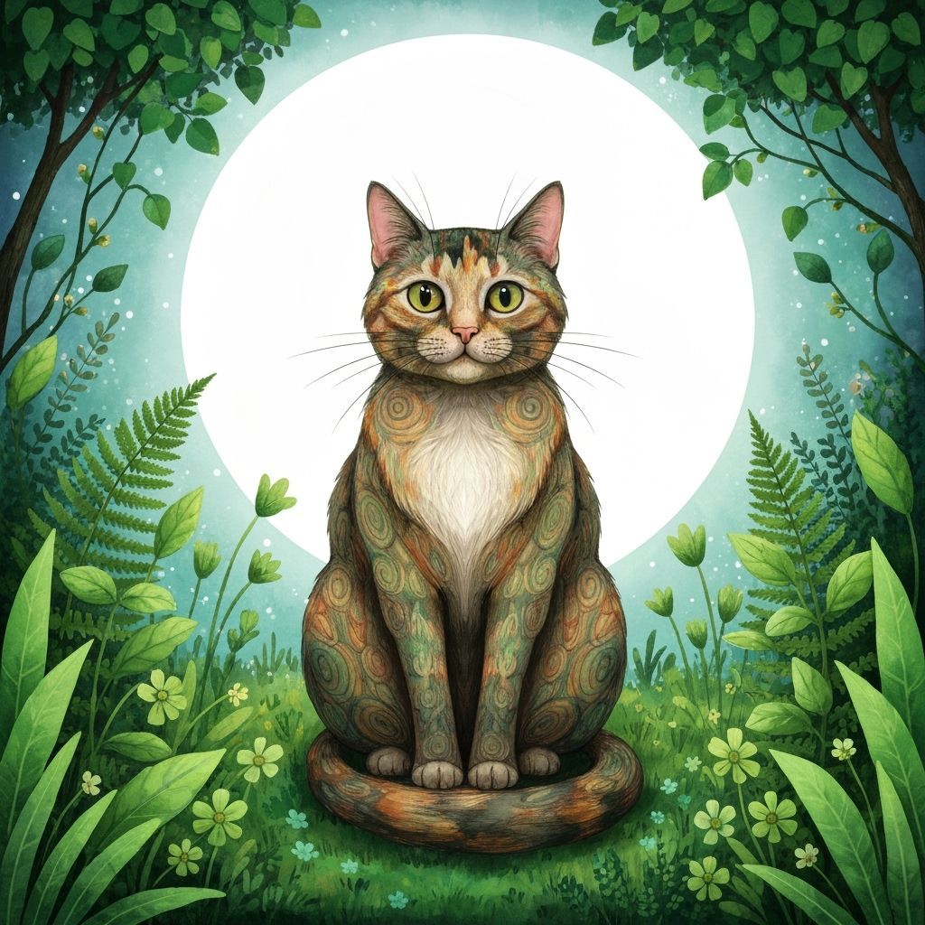 Whimsical Tortoiseshell Cat under Moonlit Greenery