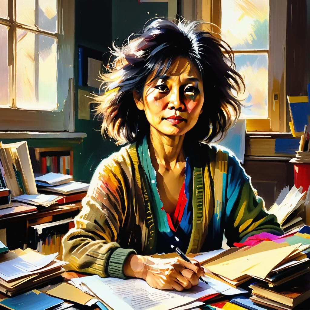 Vibrant Oil Painting of a Middle-Aged Asian Woman in a Cozy....