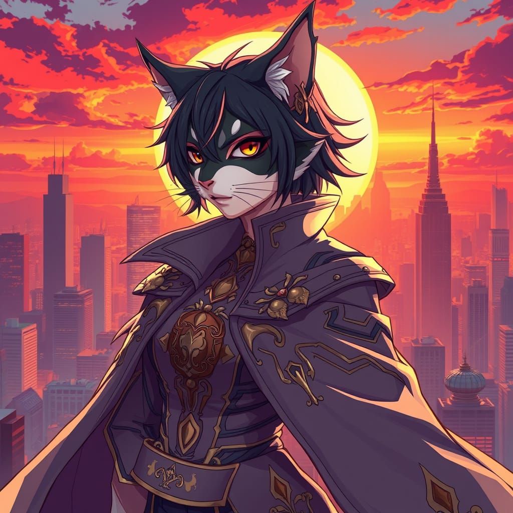 Regal Cat Woman Against City Sunset