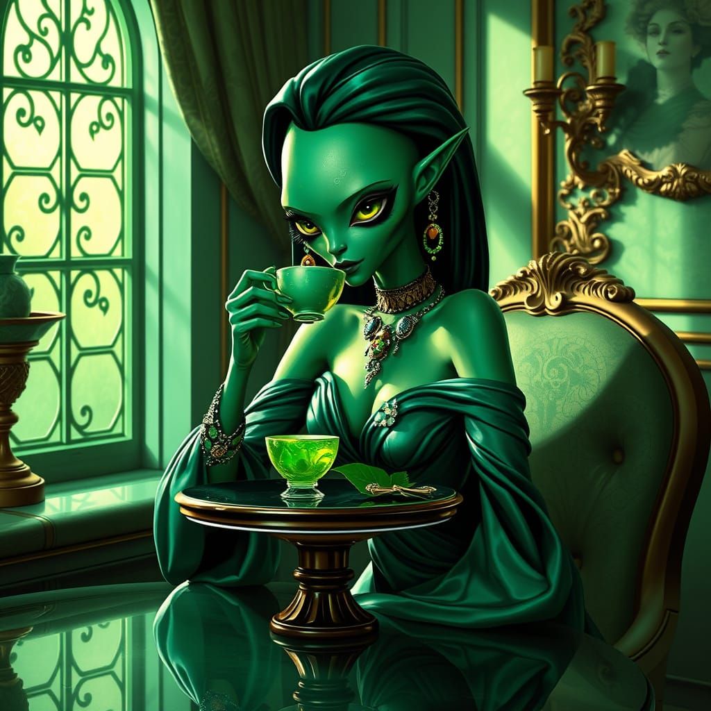 Art Nouveau Alien Woman Sips Green Tea in Emerald Room