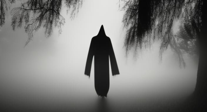 Dark Figures in a Haunting, Foggy Landscape