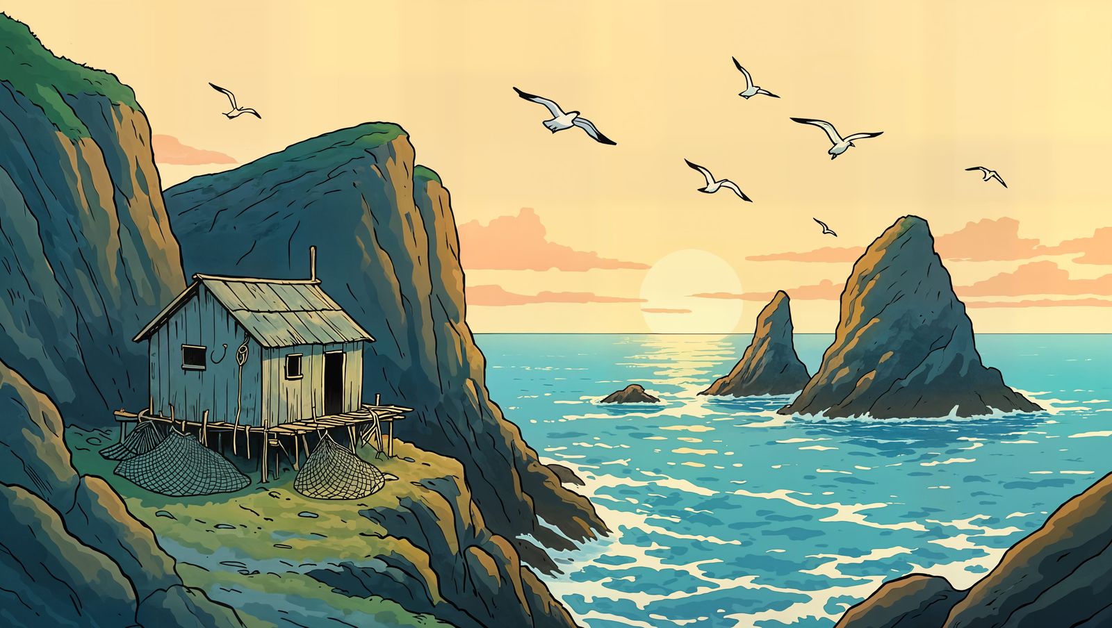 Mysterious Coastal Refuge in Stylized Illustration