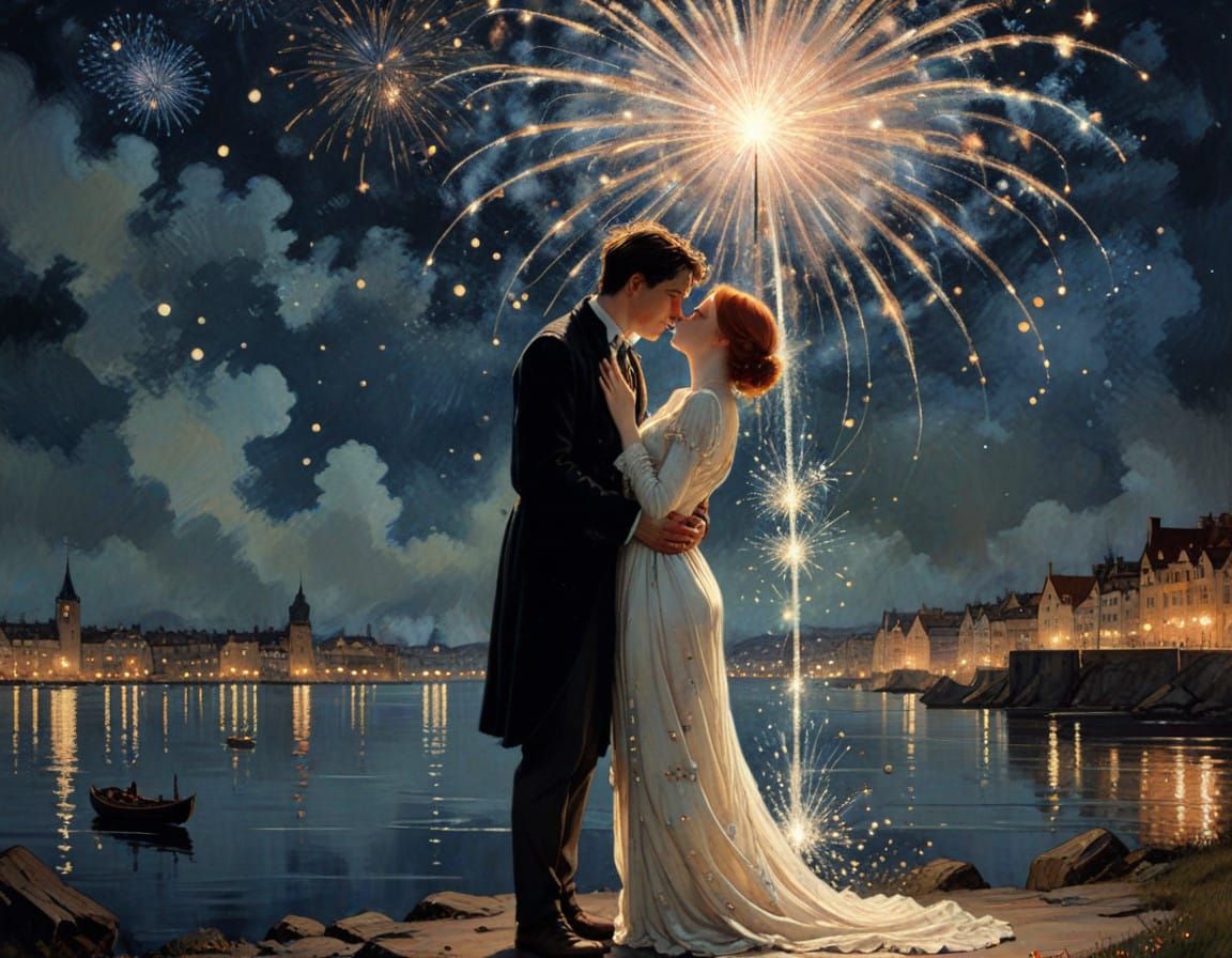 Whispers of Midnight: A Starlit Kiss Under Fireworks