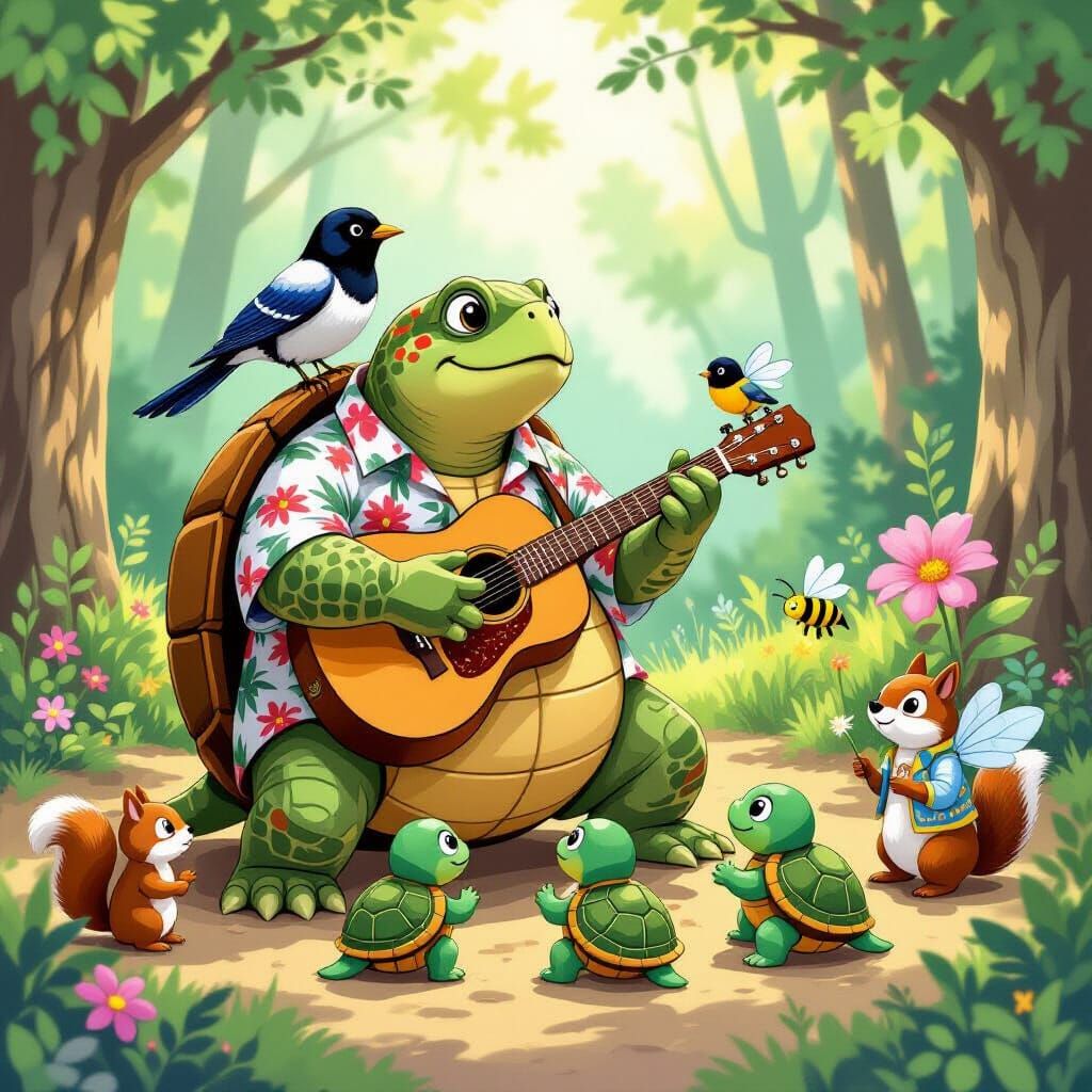Turtle's Forest Guitar Class: A Whimsical Illustration