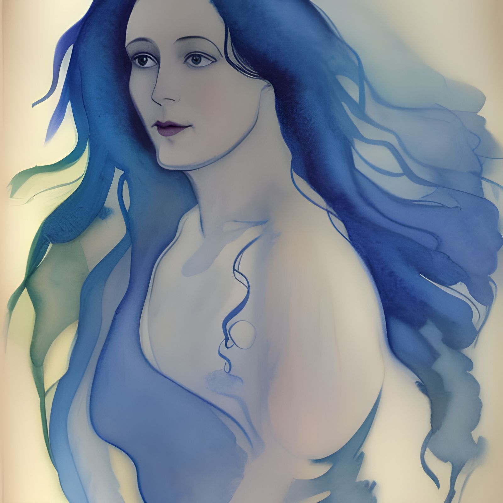 mucha swirls. water color, loose sinuous brush strokes, loose sinuous outlines and contours, transparent washes. body po...