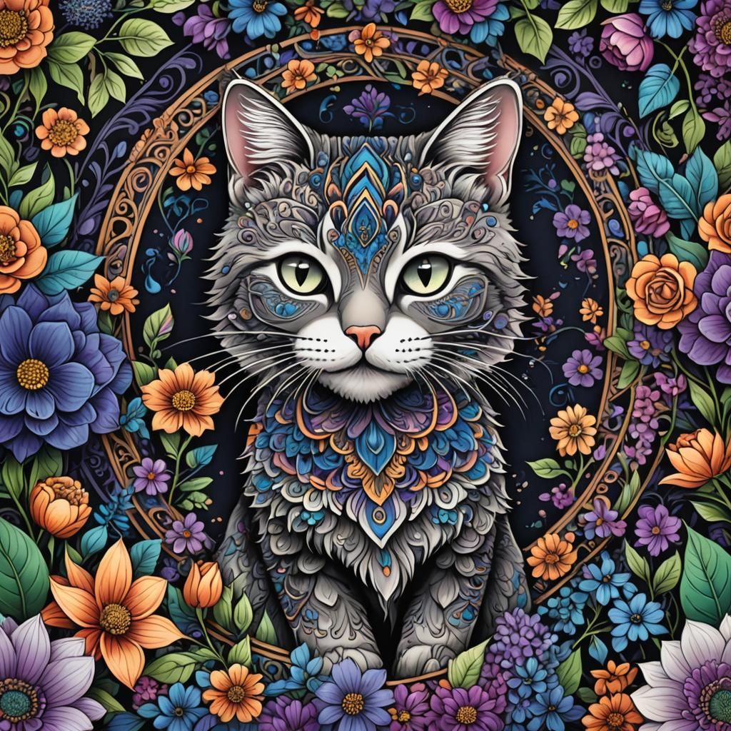 Mandalas Cats in Floral Harmony