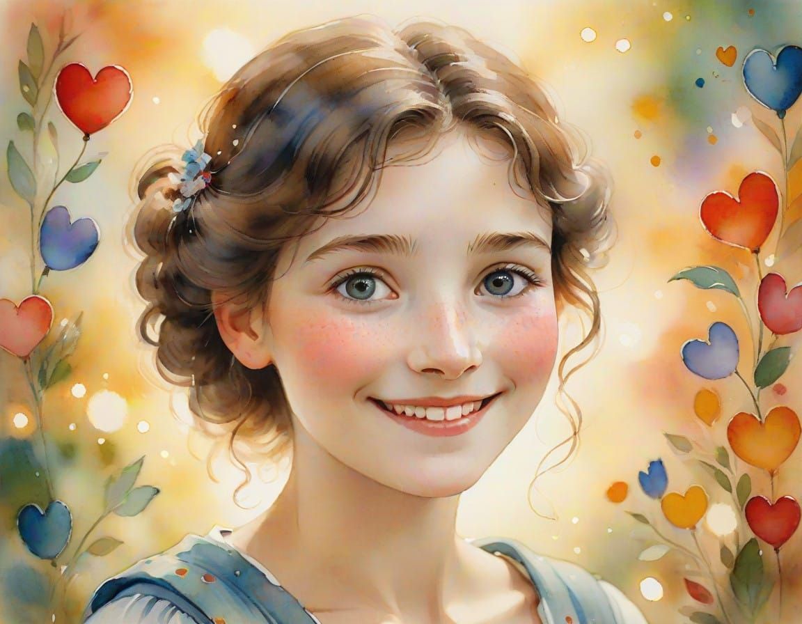 Whimsical Watercolor Portrait with Heart Eyes