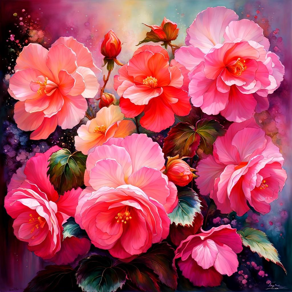 Surreal Begonia Blooms in Japanese Ikebana Style Oil Paintin...