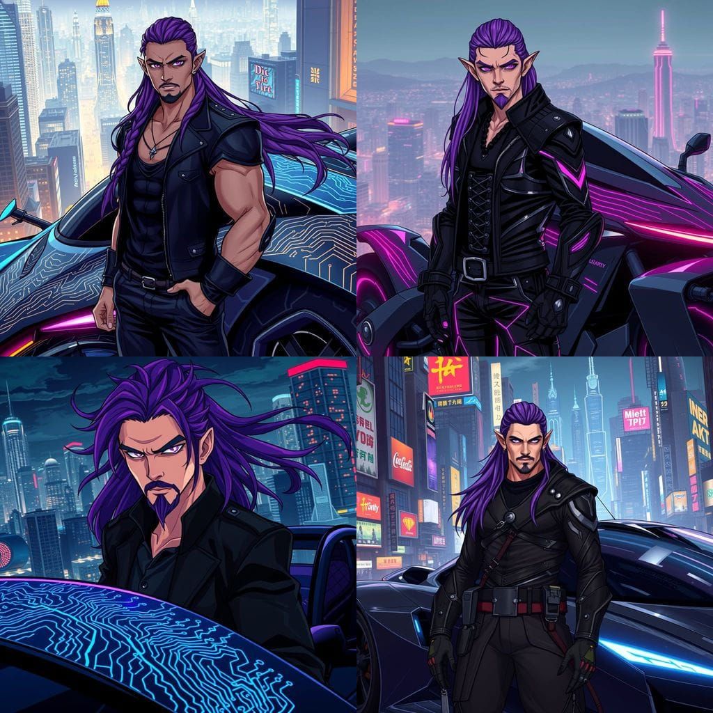 Cyberpunk Half-Elven Hero Stands Beside Futuristic Car